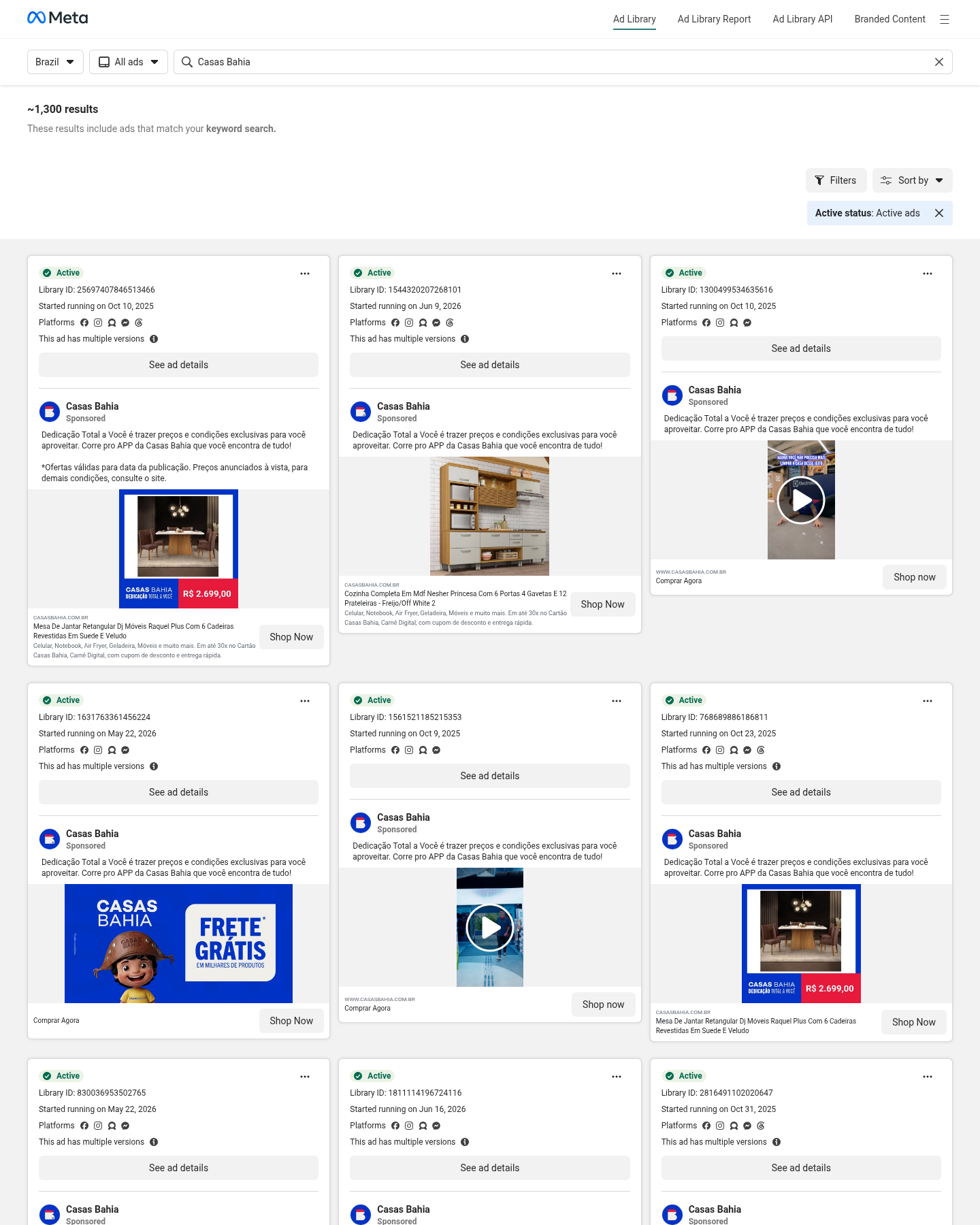 Print da Meta Ad Library com anúncios ativos das Casas Bahia